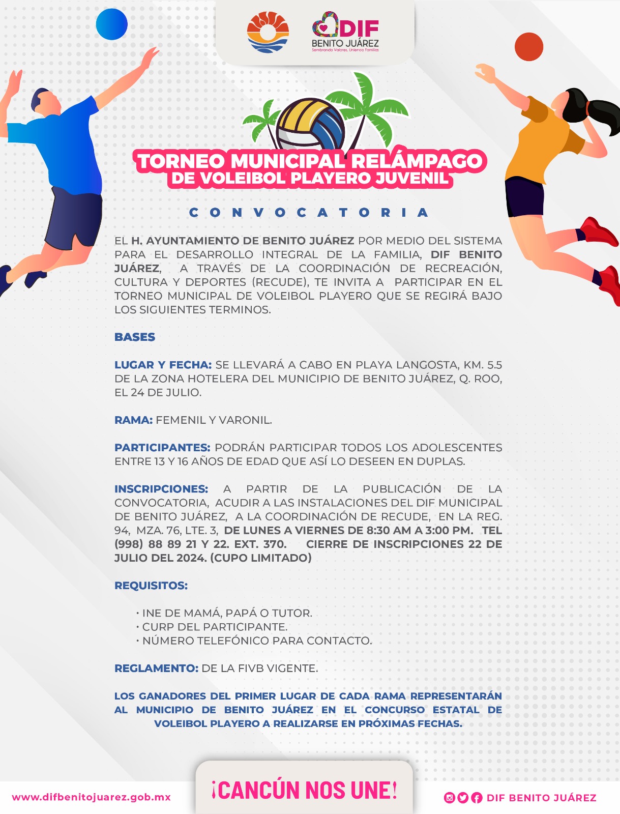 INVITA DIF BENITO JUÁREZ AL “TORNEO MUNICIPAL RELÁMPAGO DE VOLEIBOL PLAYERO JUVENIL 2024”
