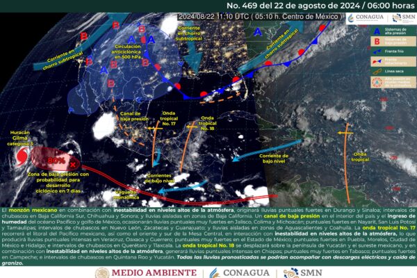 SE PRONOSTICAN LLUVIAS PUNTUALES INTENSAS EN VERACRUZ, GUERRERO, OAXACA Y CHIAPAS