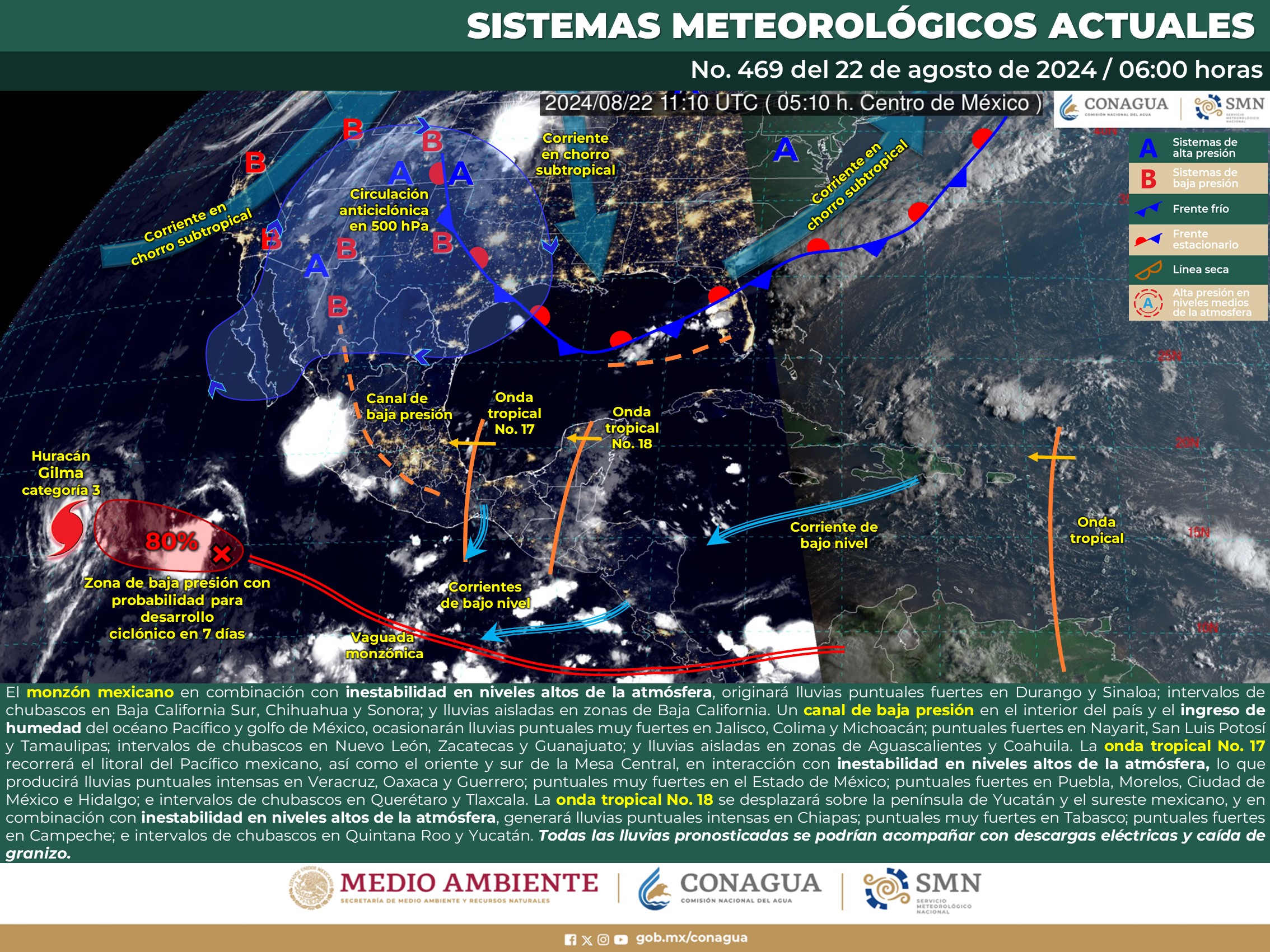 SE PRONOSTICAN LLUVIAS PUNTUALES INTENSAS EN VERACRUZ, GUERRERO, OAXACA Y CHIAPAS