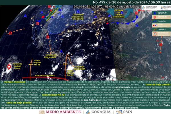 SE PRONOSTICAN LLUVIAS PUNTUALES INTENSAS EN PUEBLA, VERACRUZ, OAXACA, CHIAPAS Y TABASCO