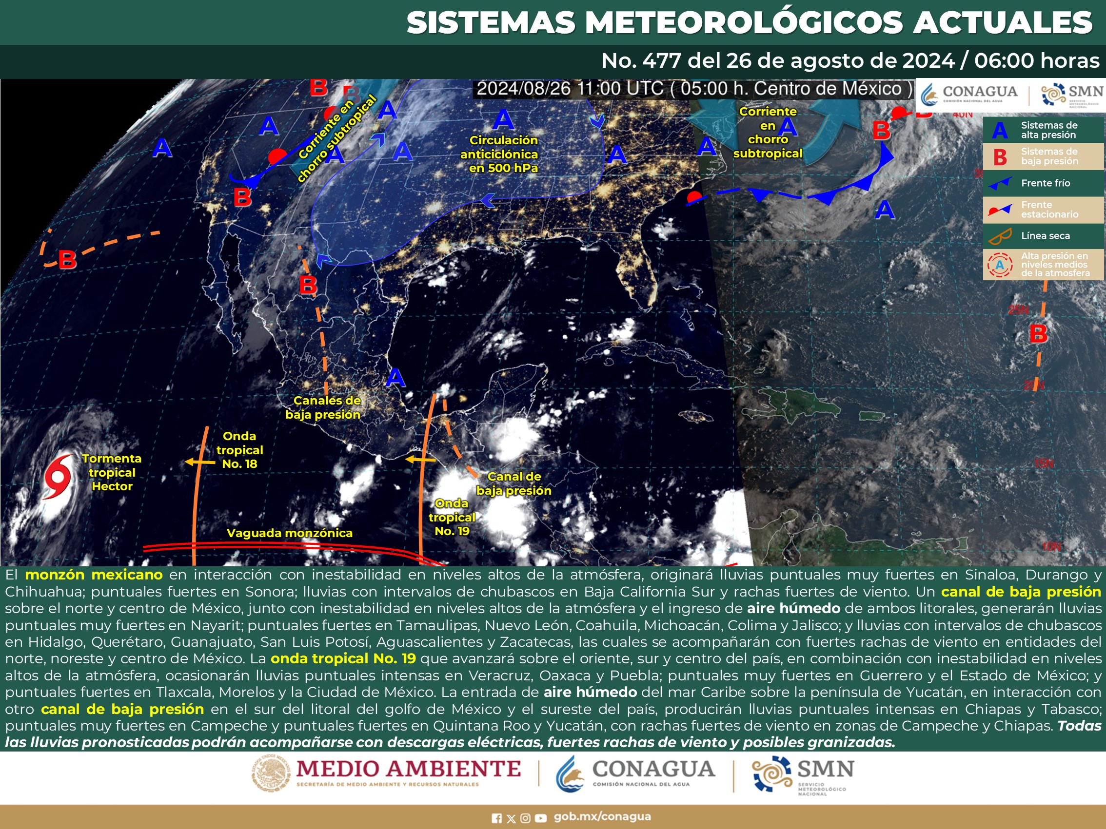 SE PRONOSTICAN LLUVIAS PUNTUALES INTENSAS EN PUEBLA, VERACRUZ, OAXACA, CHIAPAS Y TABASCO