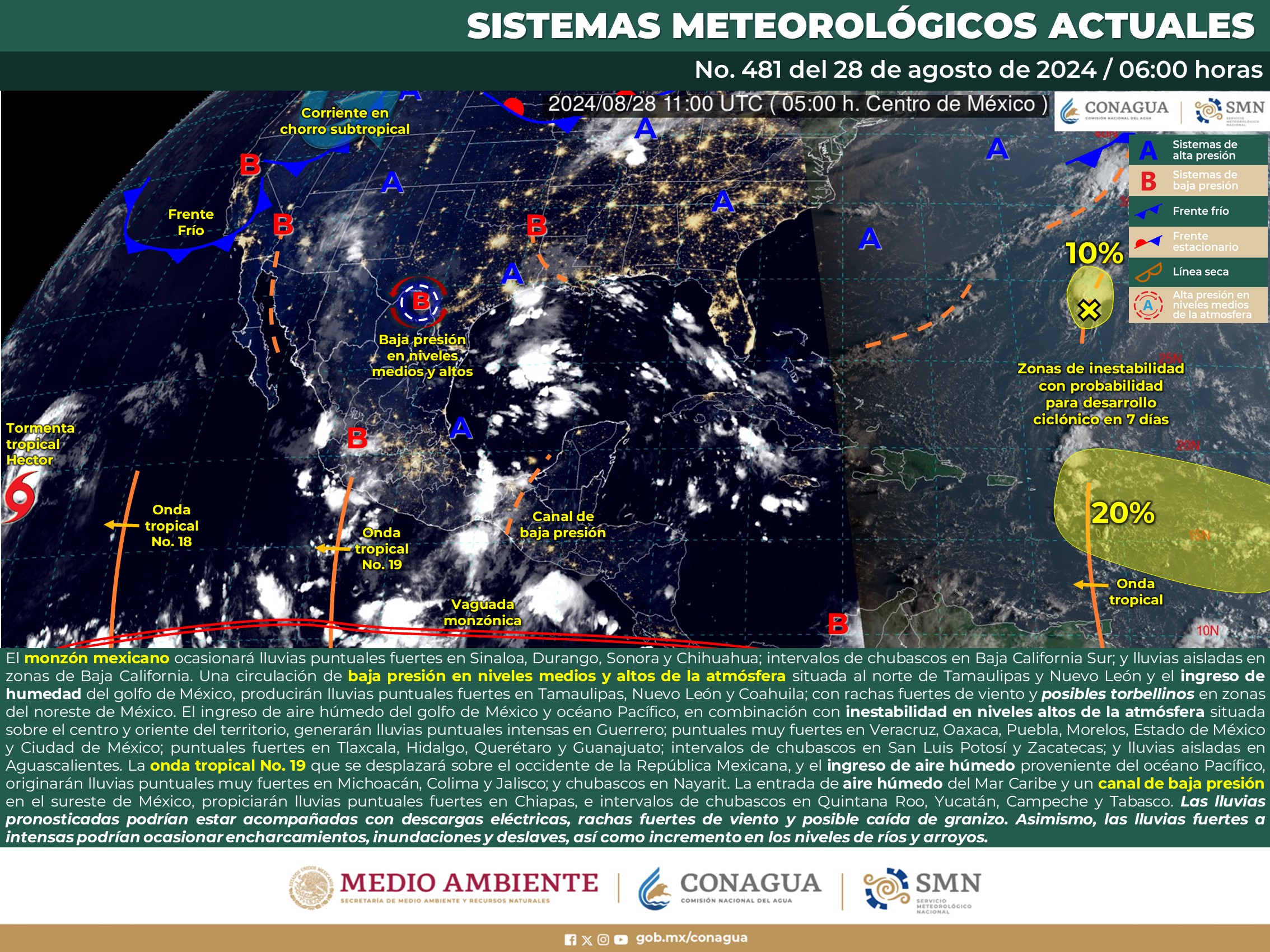 LLUVIAS EN GUERRERO, JALISCO, COLIMA, MICHOACÁN, ESTADO DE MÉXICO, CIUDAD DE MÉXICO, MORELOS, PUEBLA, VERACRUZ Y OAXACA