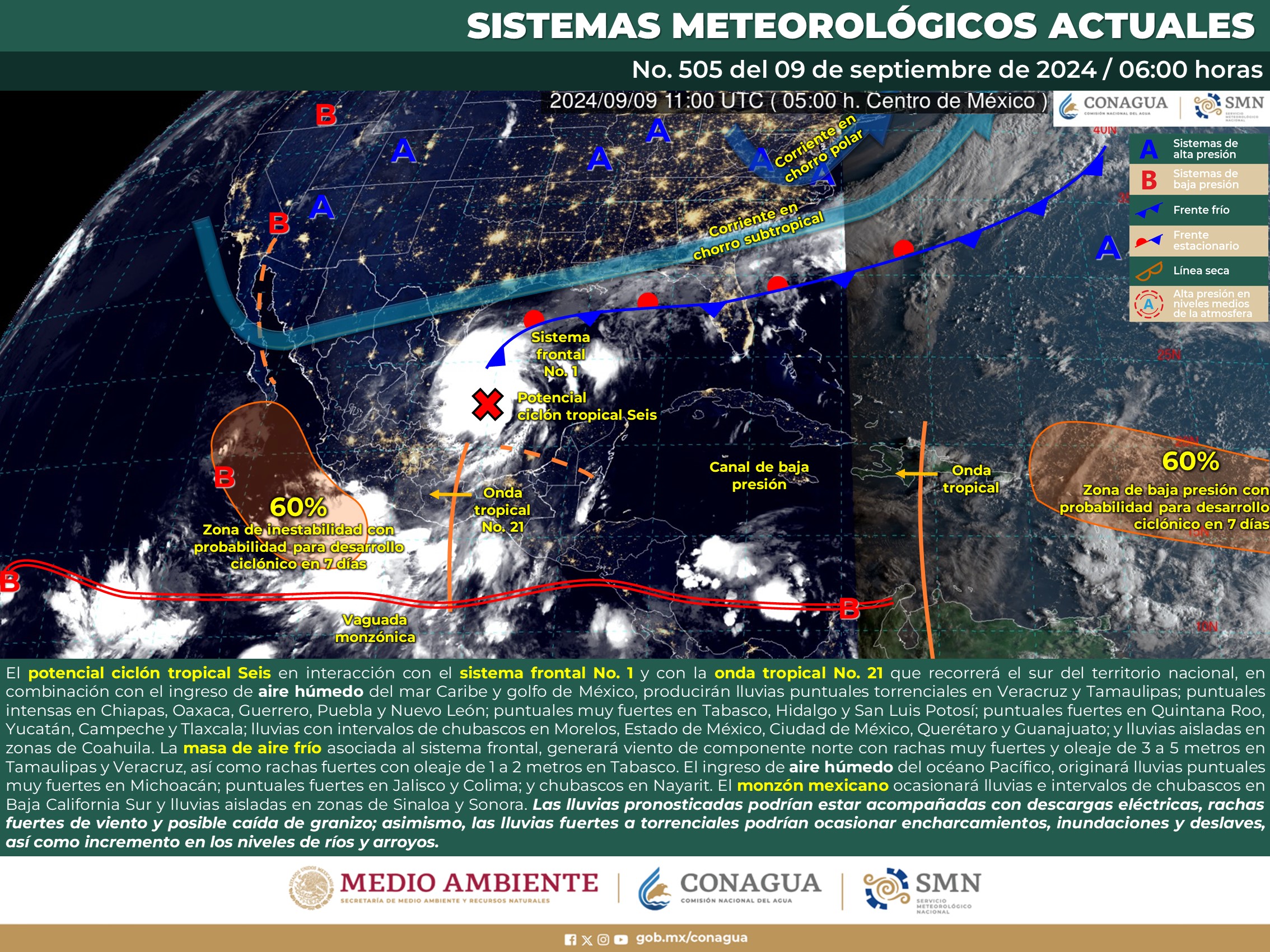 SE PRONOSTICAN LLUVIAS PUNTUALES TORRENCIALES EN TAMAULIPAS Y VERACRUZ Y LLUVIAS PUNTUALES INTENSAS EN NUEVO LEÓN, PUEBLA, GUERRERO, OAXACA Y CHIAPAS