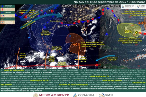 SE PRONOSTICAN LLUVIAS INTENSAS EN CHIAPAS Y MUY FUERTES EN MICHOACÁN, GUERRERO, OAXACA, PUEBLA, VERACRUZ Y TABASCO