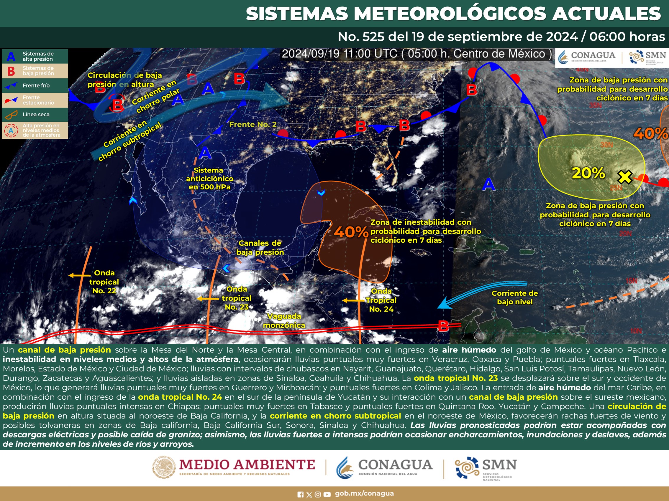 SE PRONOSTICAN LLUVIAS INTENSAS EN CHIAPAS Y MUY FUERTES EN MICHOACÁN, GUERRERO, OAXACA, PUEBLA, VERACRUZ Y TABASCO