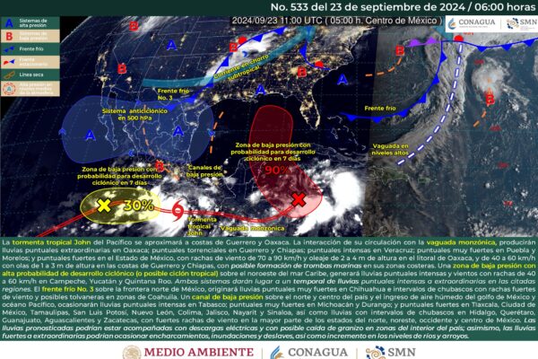 LA TORMENTA TROPICAL JOHN PRODUCIRÁ LLUVIAS EXTRAORDINARIAS EN OAXACA, PUNTUALES TORRENCIALES EN GUERRERO Y CHIAPAS; PUNTUALES INTENSAS EN VERACRUZ Y PUNTUALES MUY FUERTES EN PUEBLA Y MORELOS