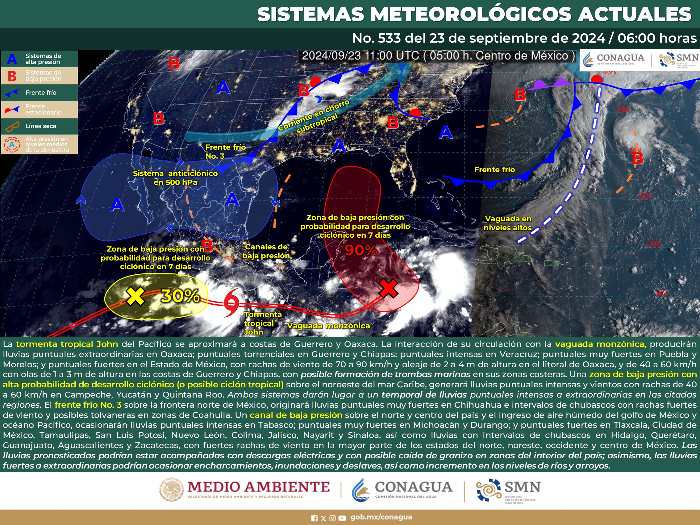 LA TORMENTA TROPICAL JOHN PRODUCIRÁ LLUVIAS EXTRAORDINARIAS EN OAXACA, PUNTUALES TORRENCIALES EN GUERRERO Y CHIAPAS; PUNTUALES INTENSAS EN VERACRUZ Y PUNTUALES MUY FUERTES EN PUEBLA Y MORELOS