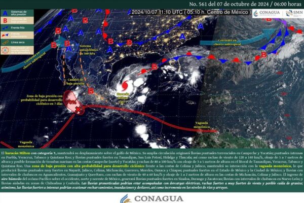 HURACÁN MILTON PRODUCIRÁ LLUVIAS PUNTUALES TORRENCIALES EN CAMPECHE Y YUCATÁN, PUNTUALES INTENSAS EN PUEBLA, VERACRUZ, TABASCO Y QUINTANA ROO, Y PUNTUALES FUERTES EN TAMAULIPAS, SAN LUIS POTOSÍ, HIDALGO Y TLAXCALA