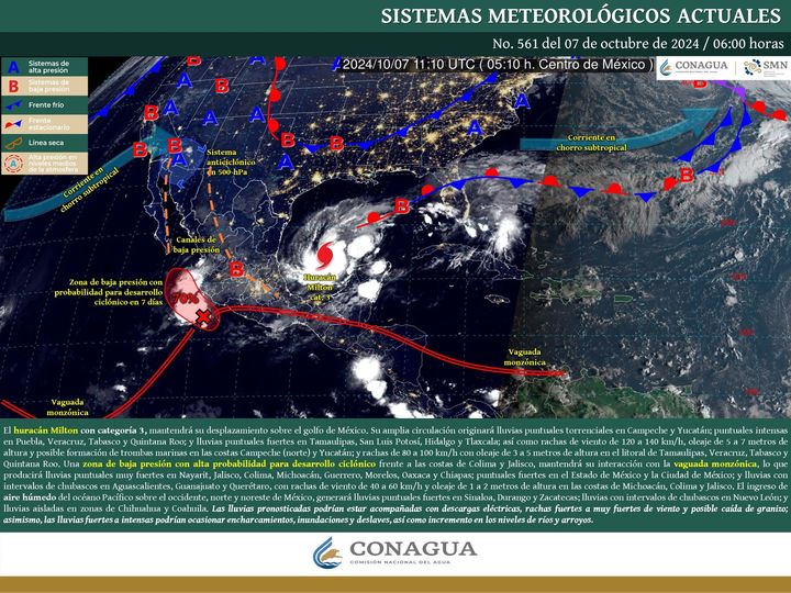 HURACÁN MILTON PRODUCIRÁ LLUVIAS PUNTUALES TORRENCIALES EN CAMPECHE Y YUCATÁN, PUNTUALES INTENSAS EN PUEBLA, VERACRUZ, TABASCO Y QUINTANA ROO, Y PUNTUALES FUERTES EN TAMAULIPAS, SAN LUIS POTOSÍ, HIDALGO Y TLAXCALA