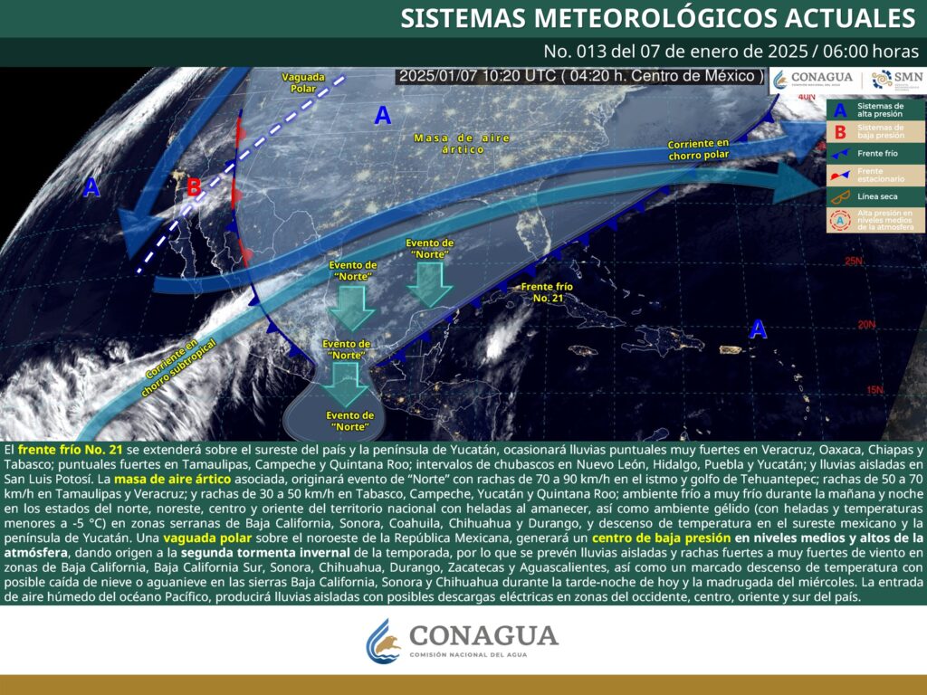 EL FRENTE FRÍO NO. 21 Y SU MASA DE AIRE ÁRTICO, OCASIONARÁN LLUVIAS PUNTUALES